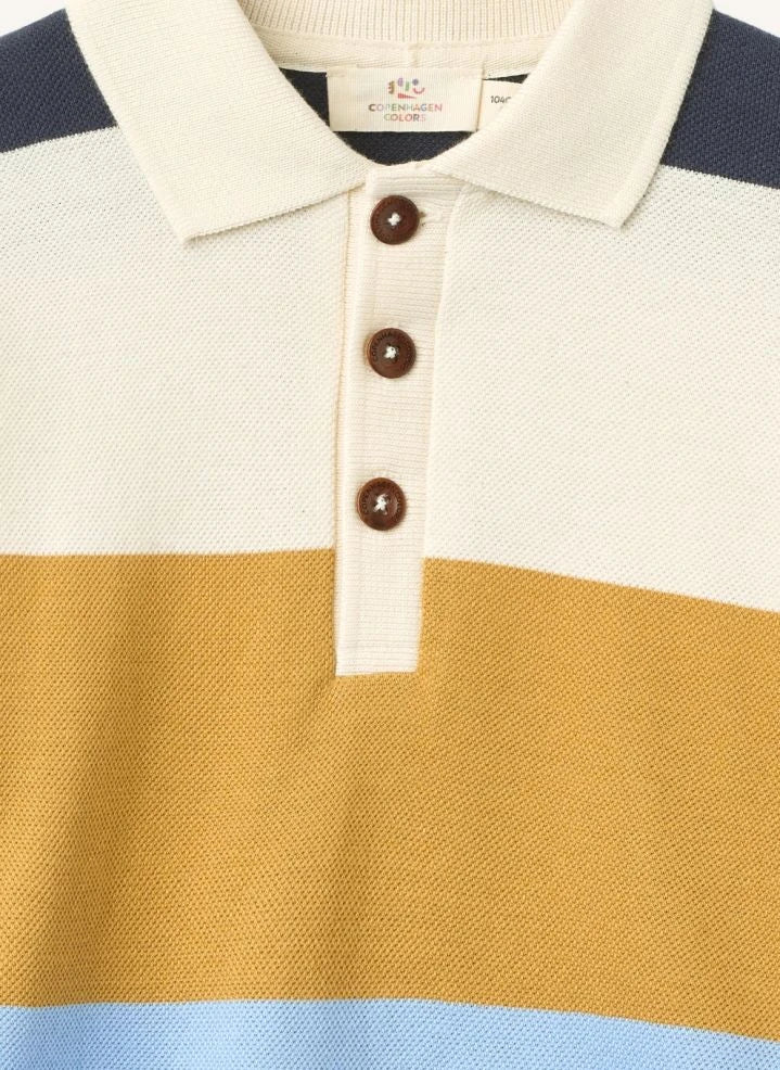 Copenhagen Colors - Organic Cotton Striped Long Sleeve Polo T-Shirt | Mustard