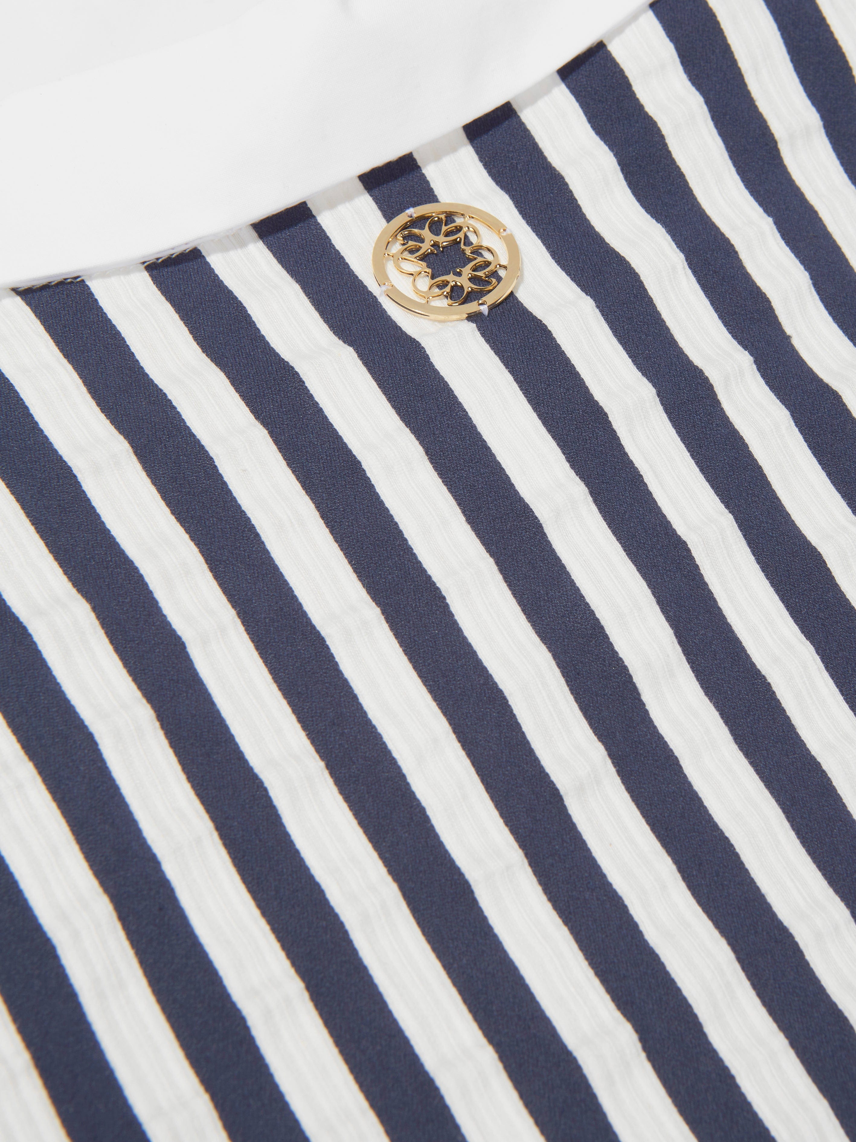 Elie Saab Girls Cotton And Silk Striped Ruffle Trim Dress in Navy