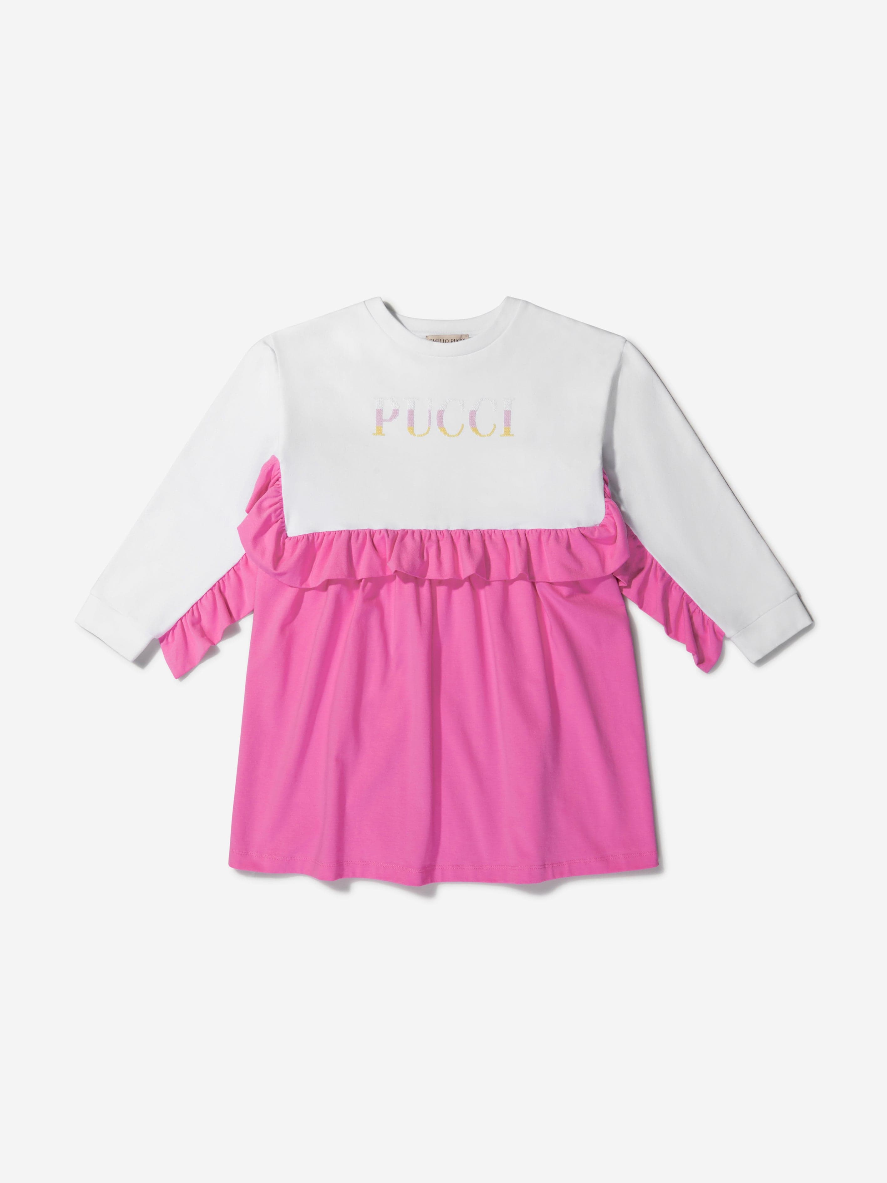 PUCCI Girls Cotton Ruffle Trim Logo Dress