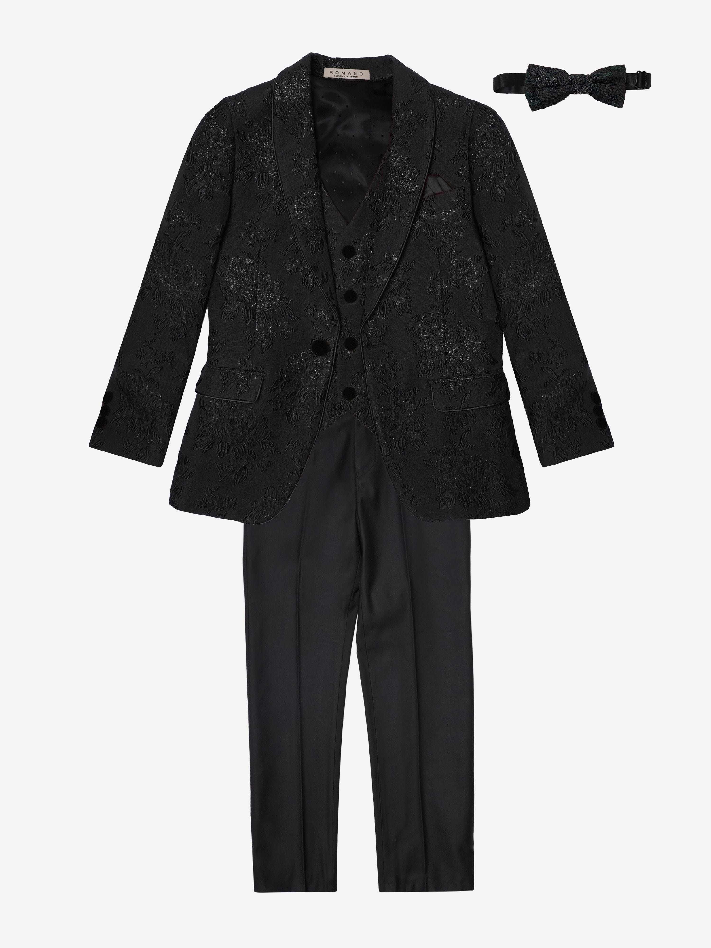 Romano Boys Shawl Collar Jacquard 3 Piece Suit in Black