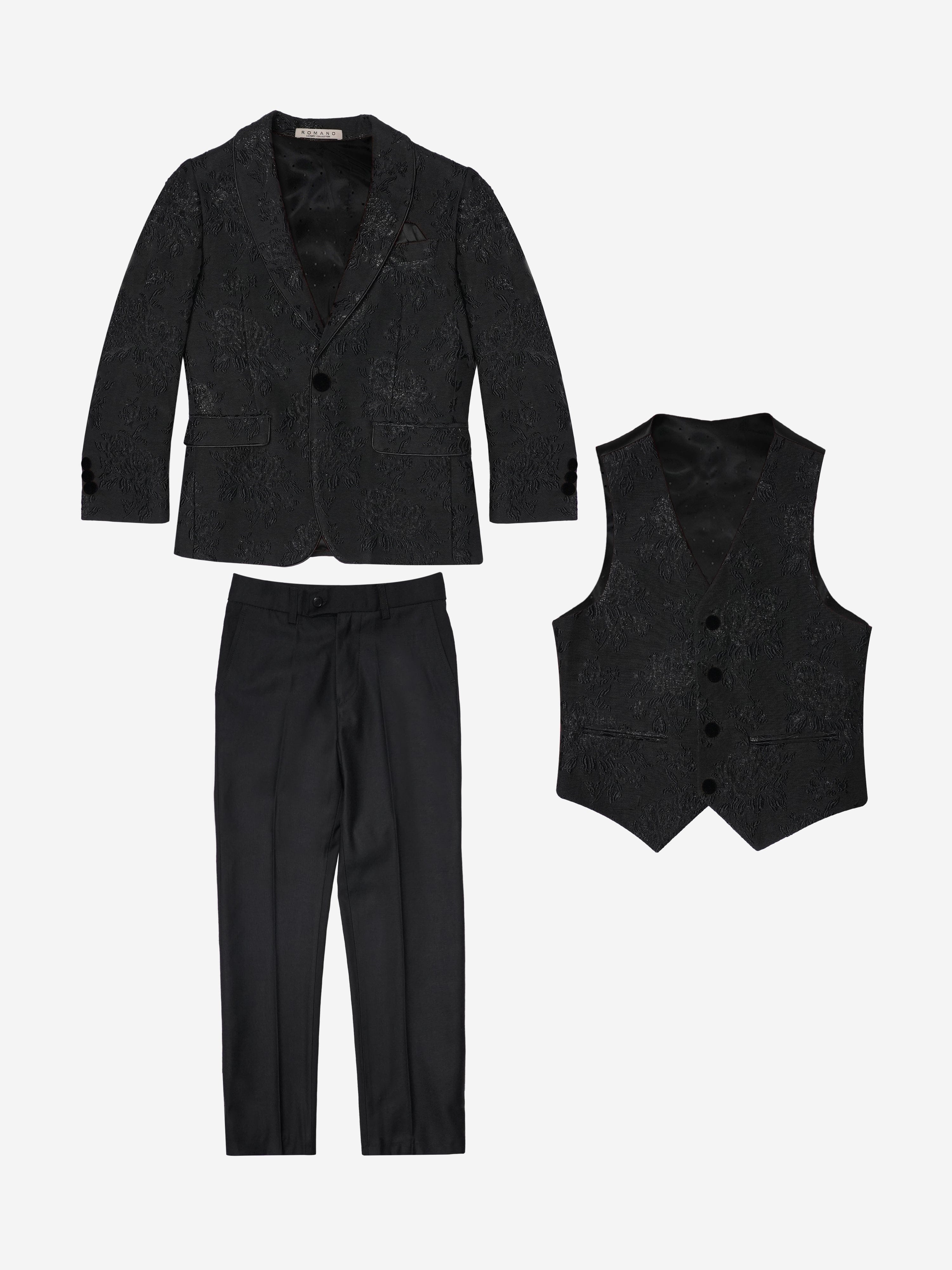Romano Boys Shawl Collar Jacquard 3 Piece Suit in Black