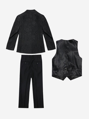 Romano Boys Shawl Collar Jacquard 3 Piece Suit in Black