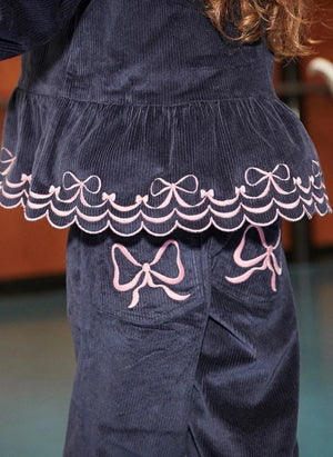 Copenhagen Colors - Ruched Embroidered Bow Detail Wide Fit Organic Cotton Ribbed Corduroy Trousers | Navy