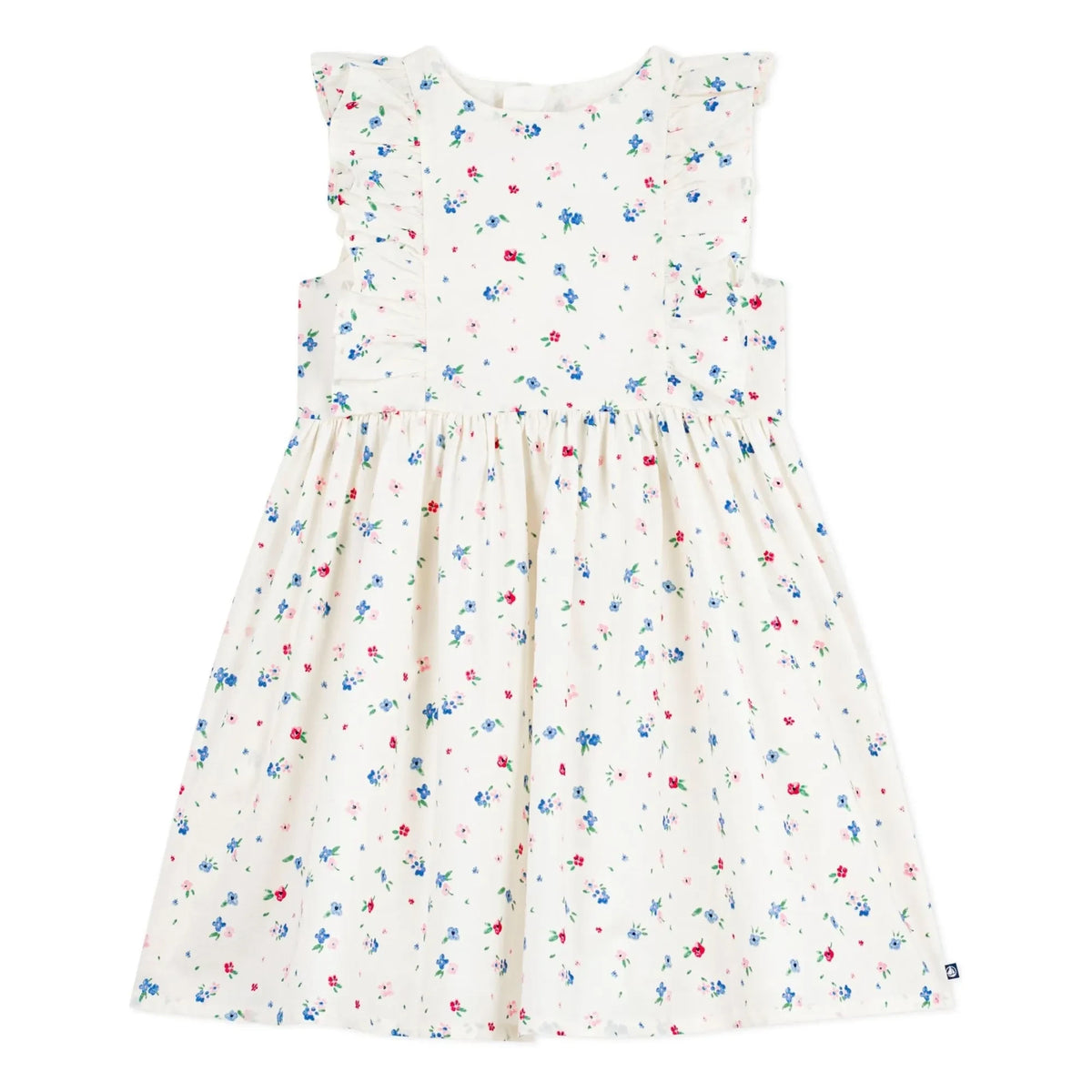 Petit Bateau - Floral Patterned Ruffled Dress Organic Cotton Poplin | White