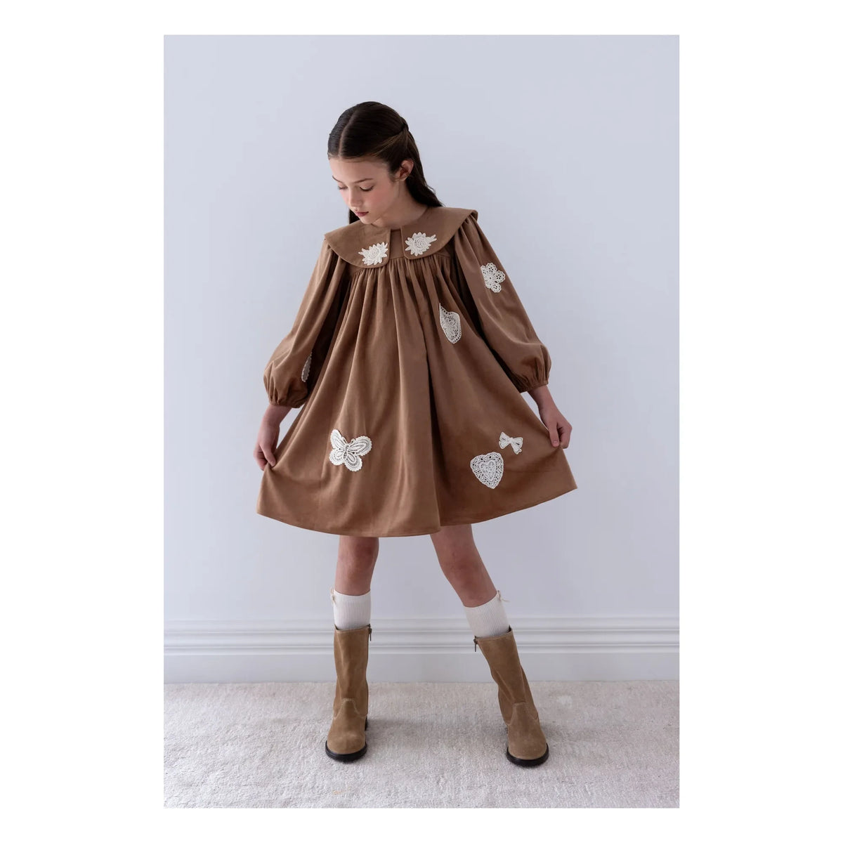 petite Amalie - Claudine Collar Lace Patch Dress | Karamel