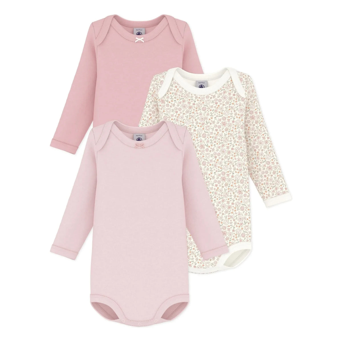 Petit Bateau - Set of 3 Flower Pattern Knotted Organic Cotton Bodysuit | Pink