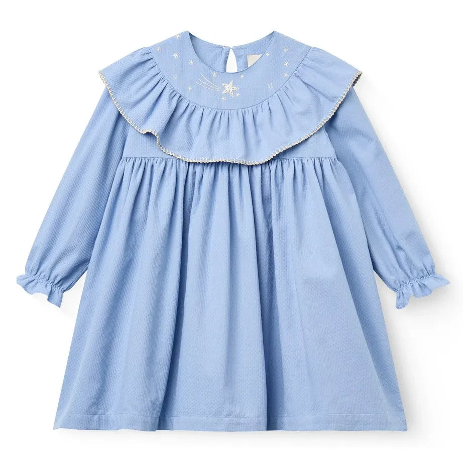 Copenhagen Colors - Ruffled and Star Embroidered Organic Cotton Dress | Light Blue