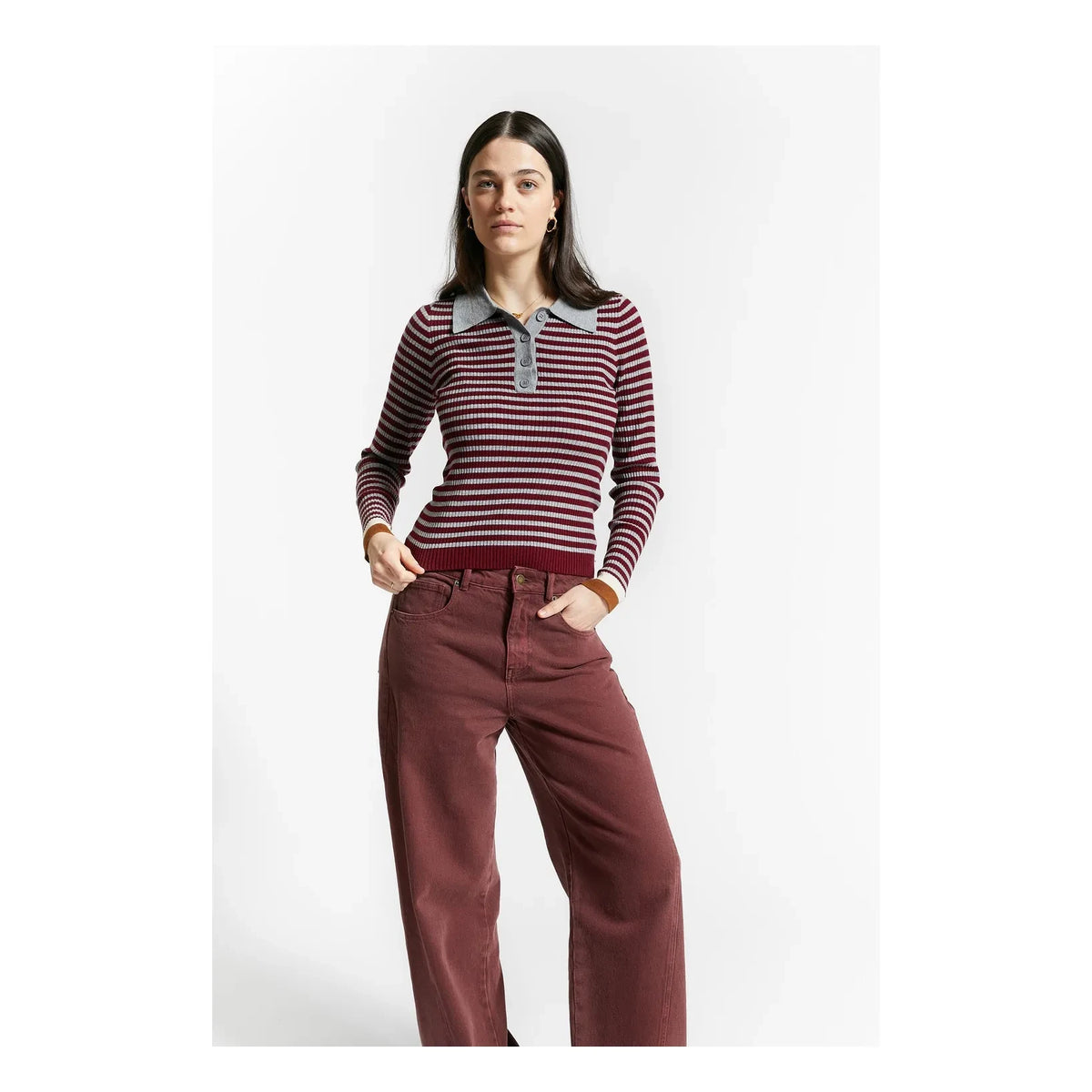 Indee - Striped Wallaby Polo T-shirt | Burgundy