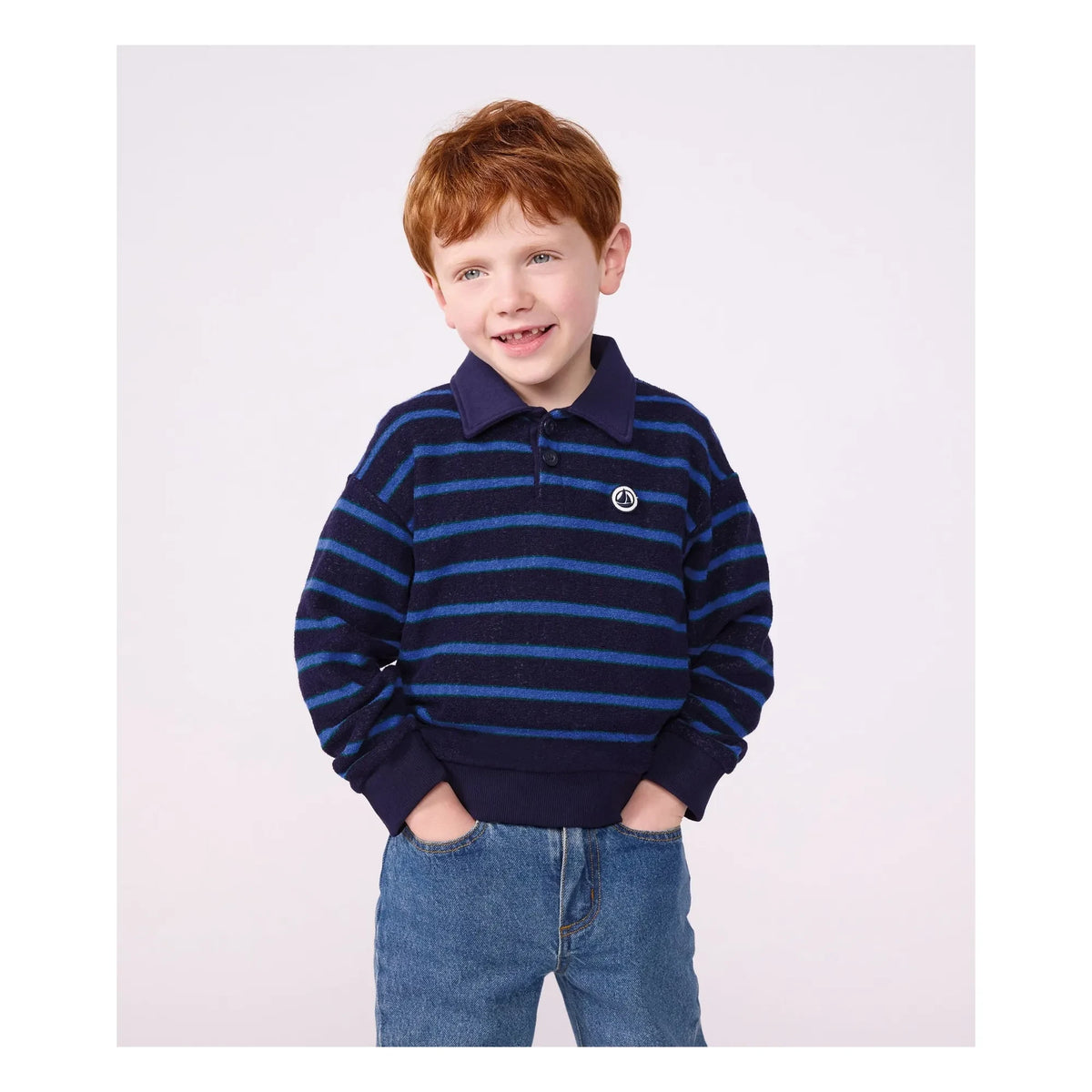 Petit Bateau - Striped Polo Neck Sweat Modal | Blue