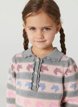 Copenhagen Colors - Organic Cotton Unicorn-Pattern Polo Collar Sweater | Grey