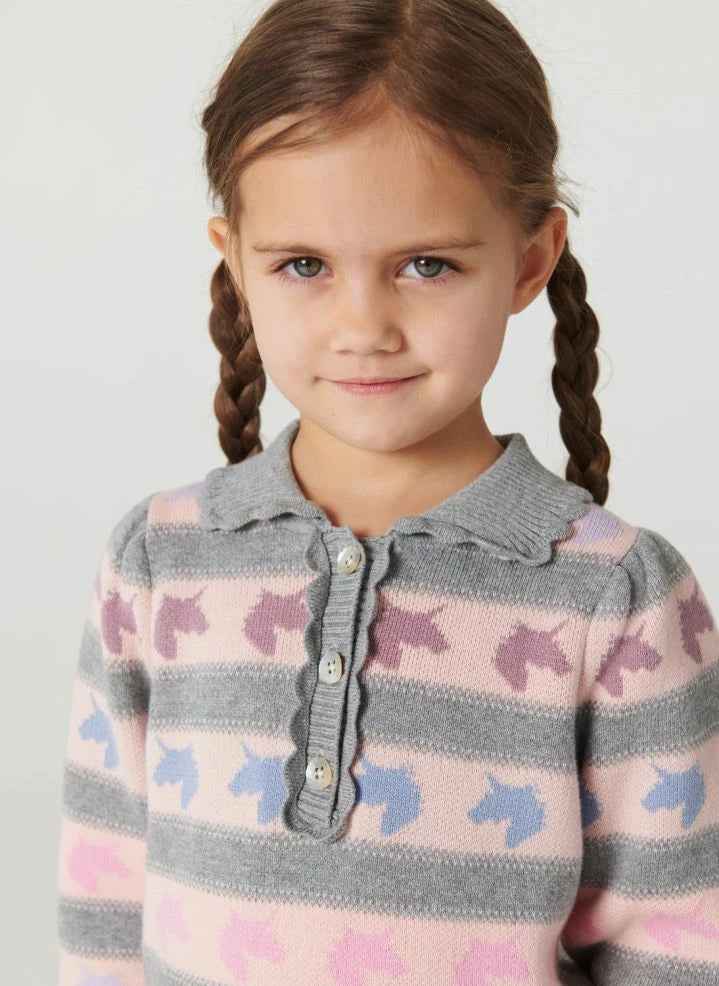 Copenhagen Colors - Organic Cotton Unicorn-Pattern Polo Collar Sweater | Grey