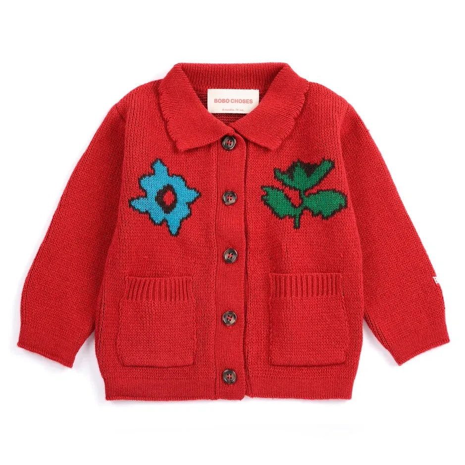 Bobo Choses - Girl's Wool Flower Cardigan | Red