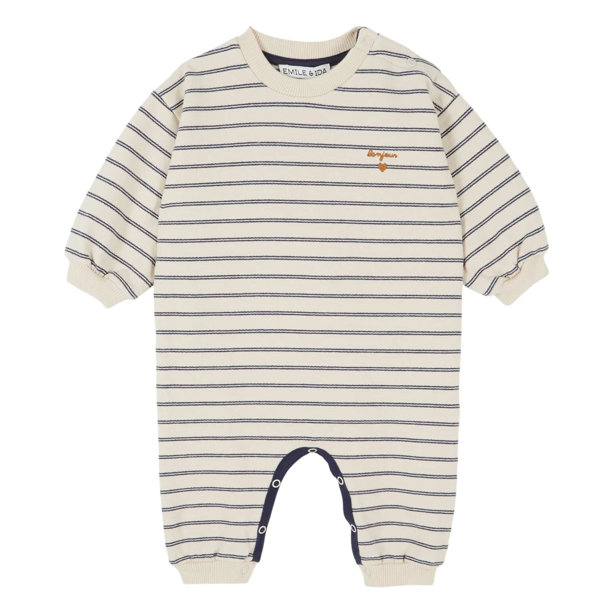 Emile et Ida - Striped organic cotton fleece romper | Ecru