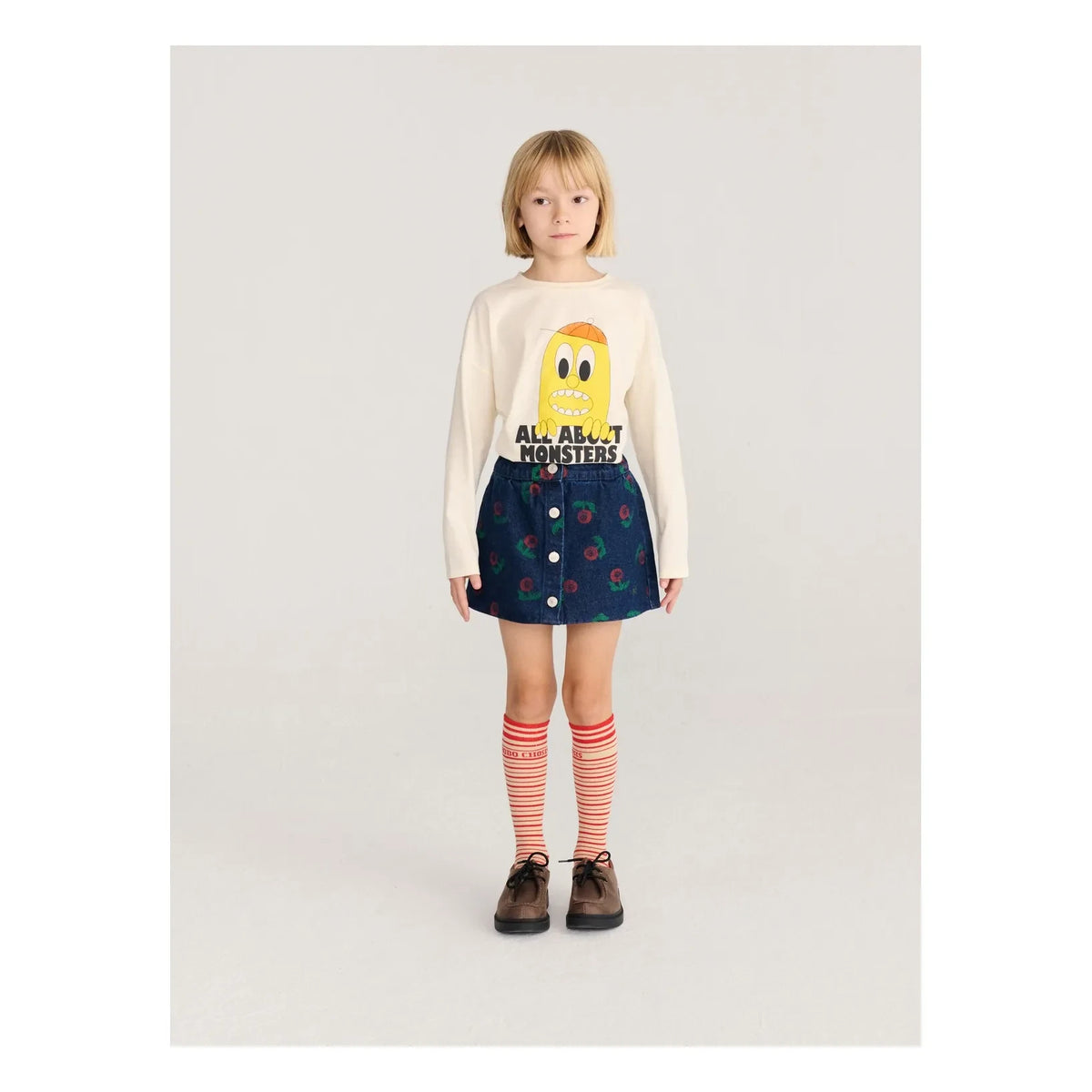 Bobo Choses - Organic Cotton Denim Flower Pattern Skirt | Navy