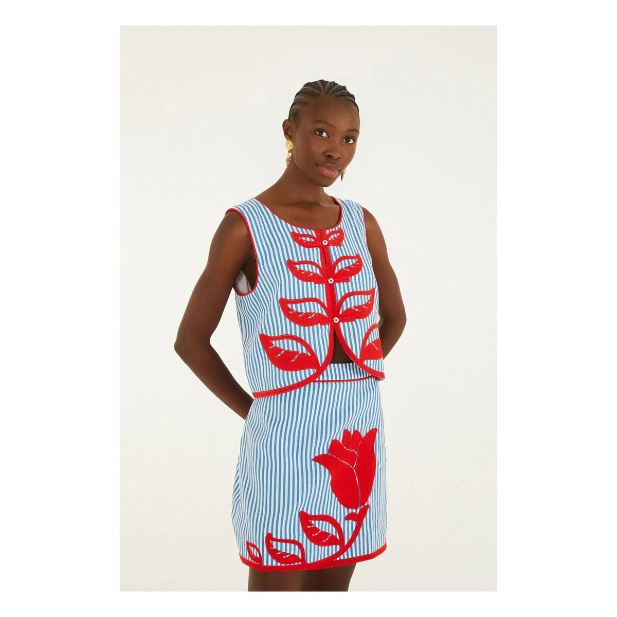 Farm Rio - Sky Linen Striped Skirt | Navy Blue