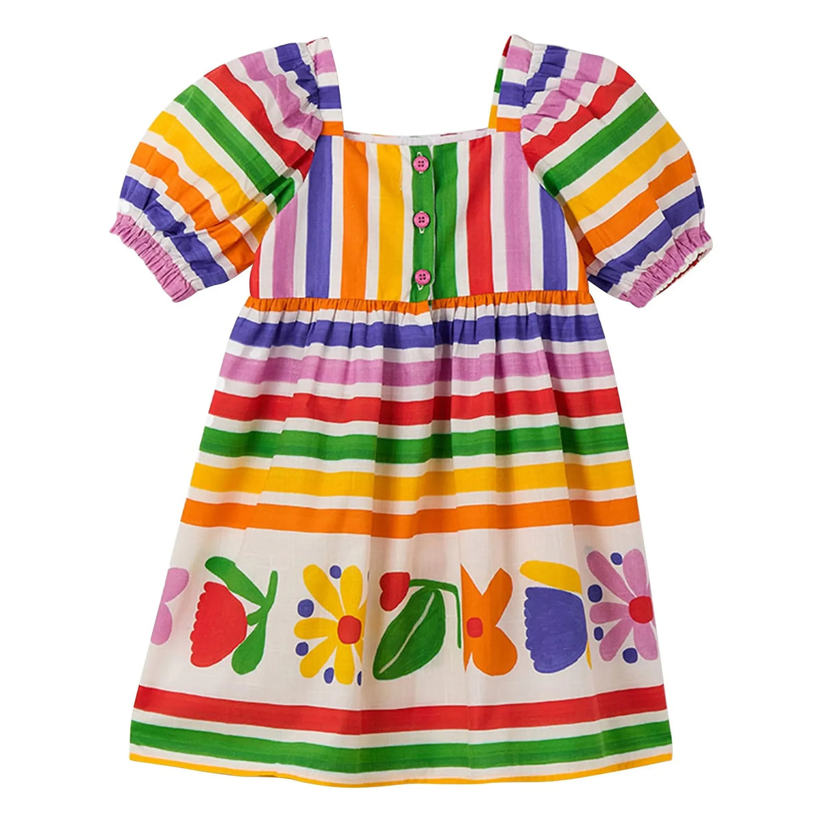 Fabula - Striped Floral Balloon Sleeve Dress | Yellow