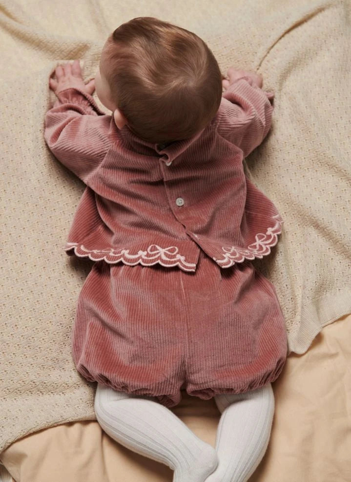 Copenhagen Colors - Embroidered Blouse and Ribbed Velvet Organic Cotton Bloomer Set | Dusty Pink