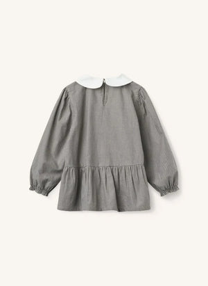 Copenhagen Colors - Embroidered Peter Pan Collar, Organic Cotton Checked Blouse | Grey