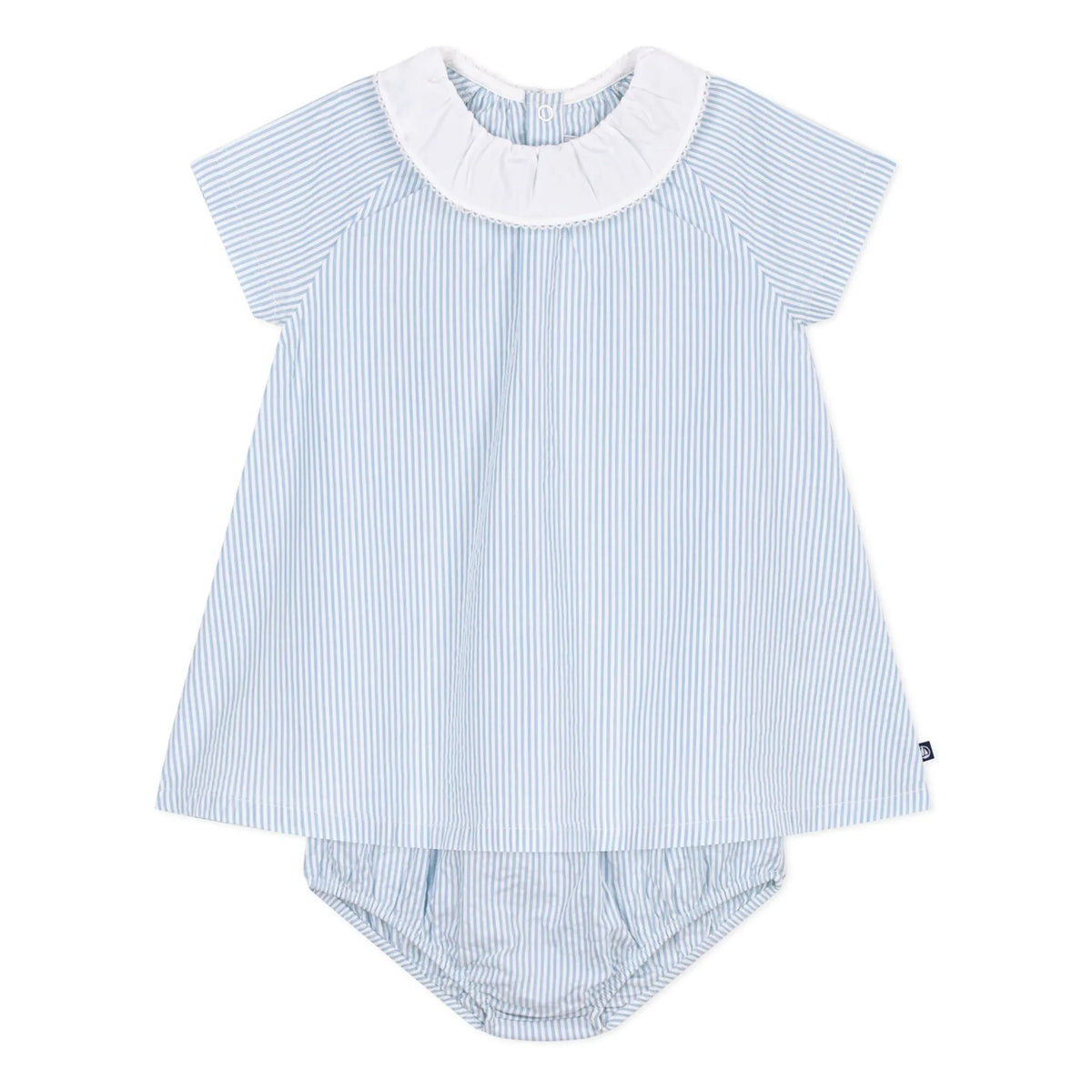 Petit Bateau - Striped Seersucker Organic Cotton Collar and Bloomer Dress Set | Blue