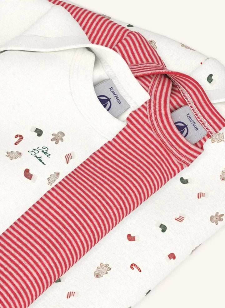 Petit Bateau - 3-piece Organic Cotton Christmas Bodysuit Set | White