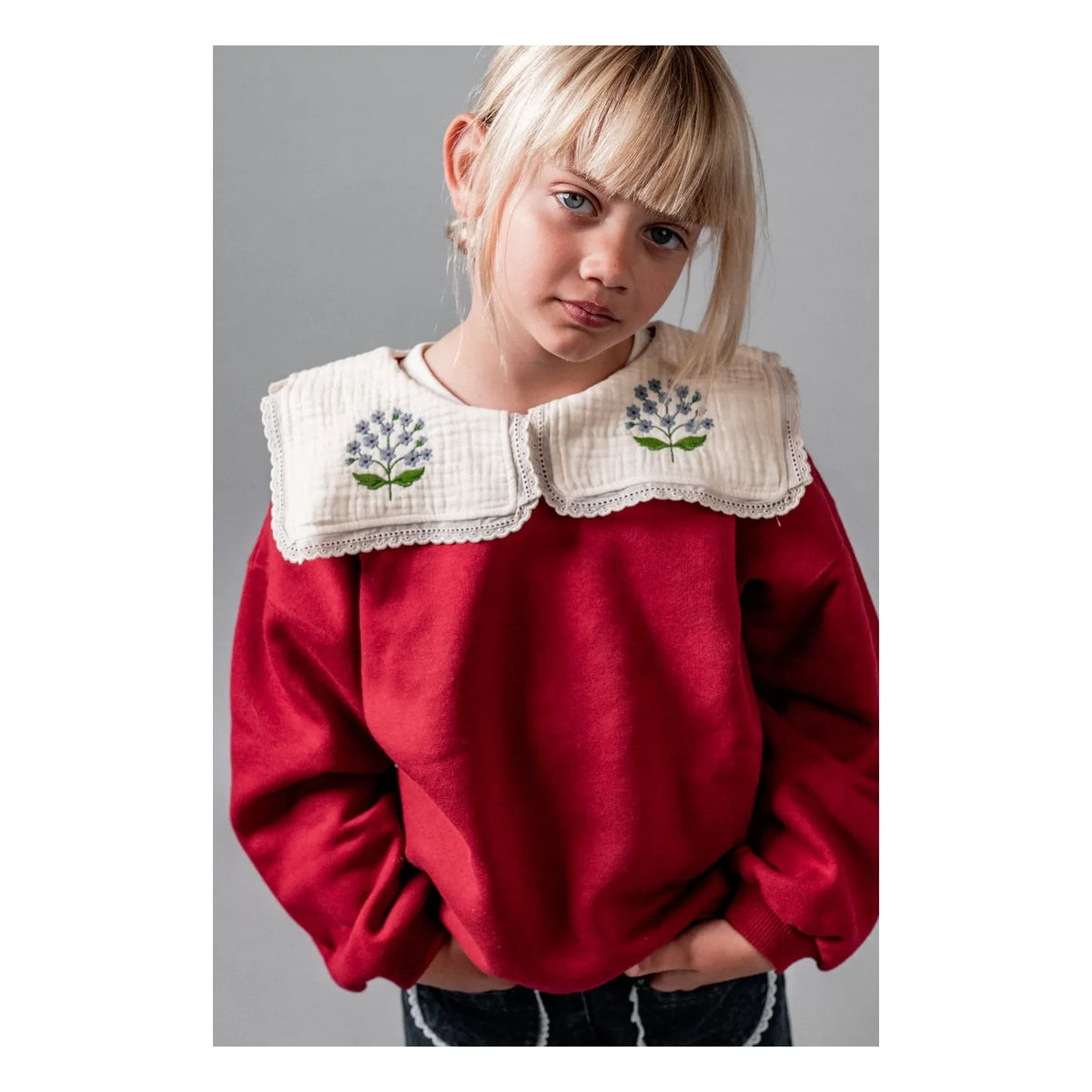 birinit - Embroidered draped collar organic cotton sweatshirt | Burgundy