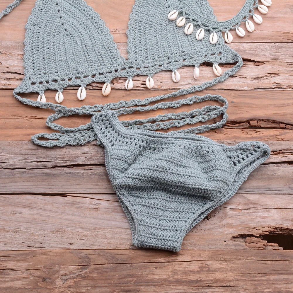 Jesminda - Knitted Lake Green Seashell Brazilian 3-Piece Bikini Set