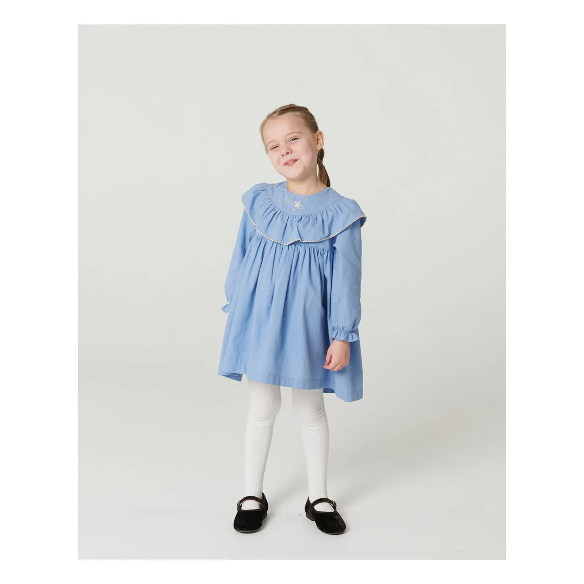 Copenhagen Colors - Ruffled and Star Embroidered Organic Cotton Dress | Light Blue