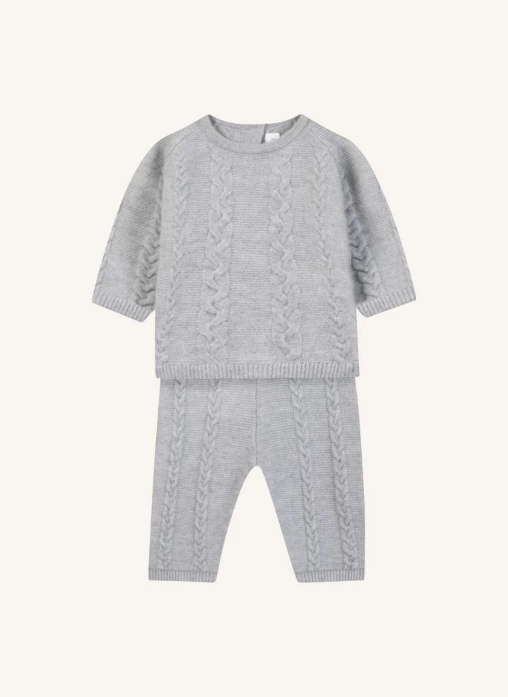 Tartine et Chocolat - Wool Cable Sweater and Pants Set | Grey Mélange