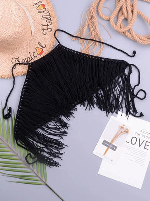 Jesminda - Knitted Black Tassel Sexy Beach Top Crop Halter