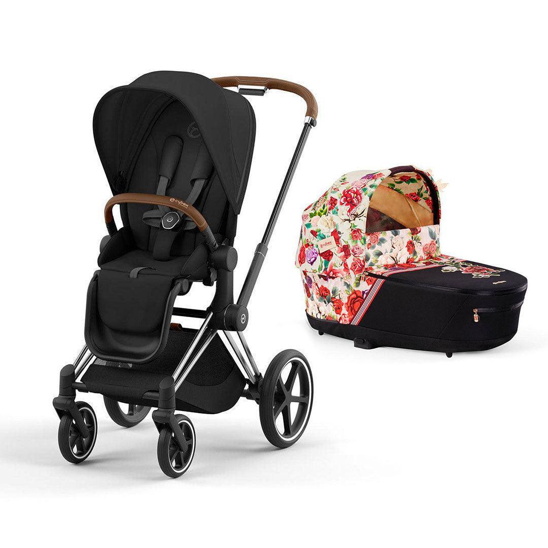 CYBEX Priam Pushchair & Carrycot Bundle - Black/Spring Blossom-Stroller Bundles-Chrome Brown- | Natural Baby Shower