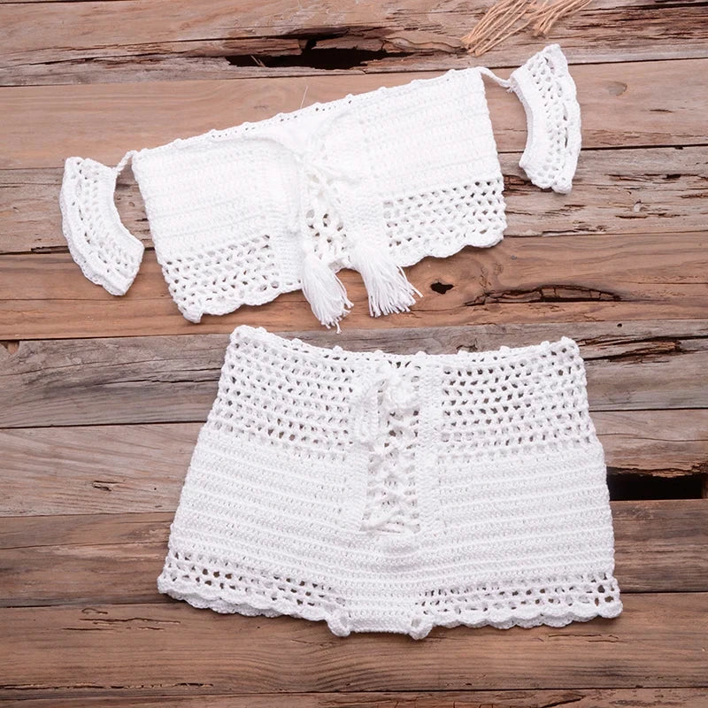 Jesminda - Knitted White Beach Shorts and Top Set