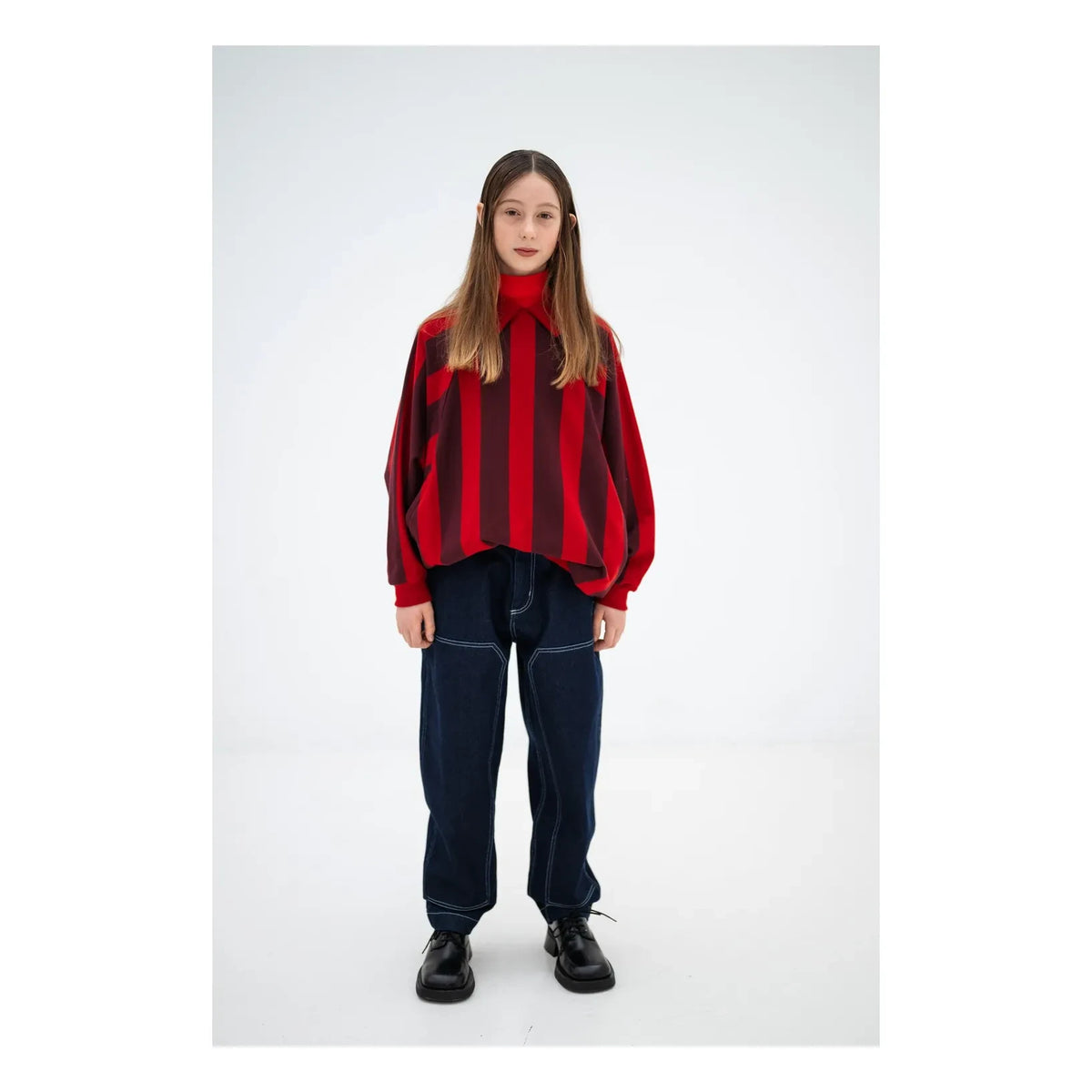 Repose AMS - Striped Organic Cotton Polo Neck Sweatshirt | Red