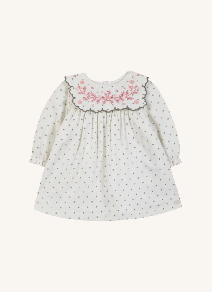 Tartine et Chocolat - Embroidered Collar Dotted Wavy Dress | Ecru
