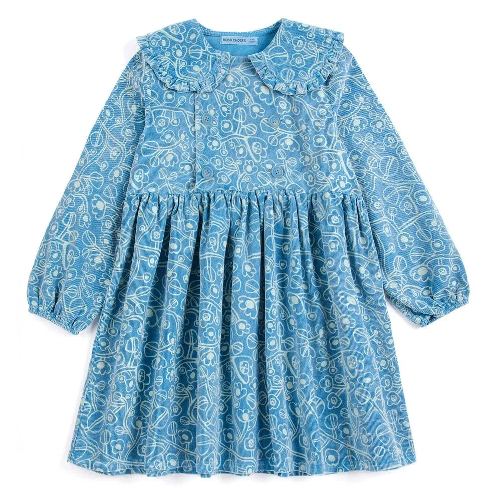 Bobo Choses - Organic Cotton Velvet Flower Dress | Blue