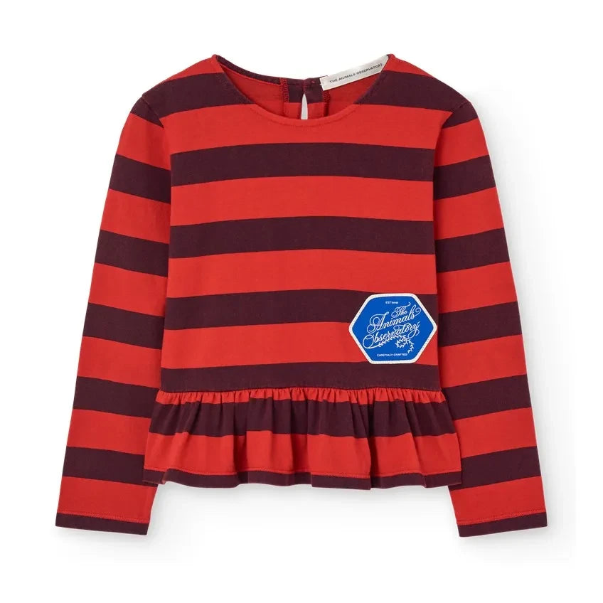 The Animals Observatory - Ruffled T-Shirt Scamper Striped Organic Cotton | Red