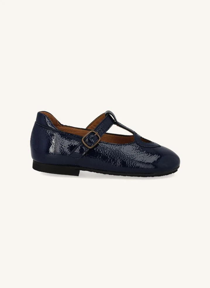 Angulus - Mary Jane T-Strap Heart-Cut Patent Leather Flats | Navy