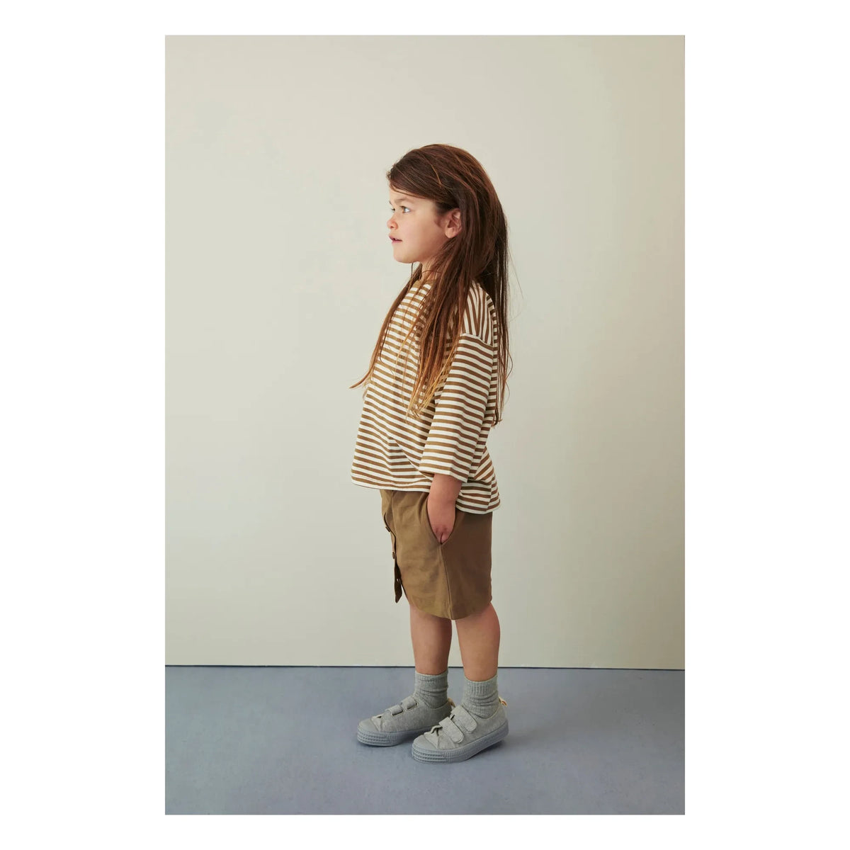 Gray Label - 3/4 Sleeve Striped Organic Cotton T-Shirt | Khaki Brown