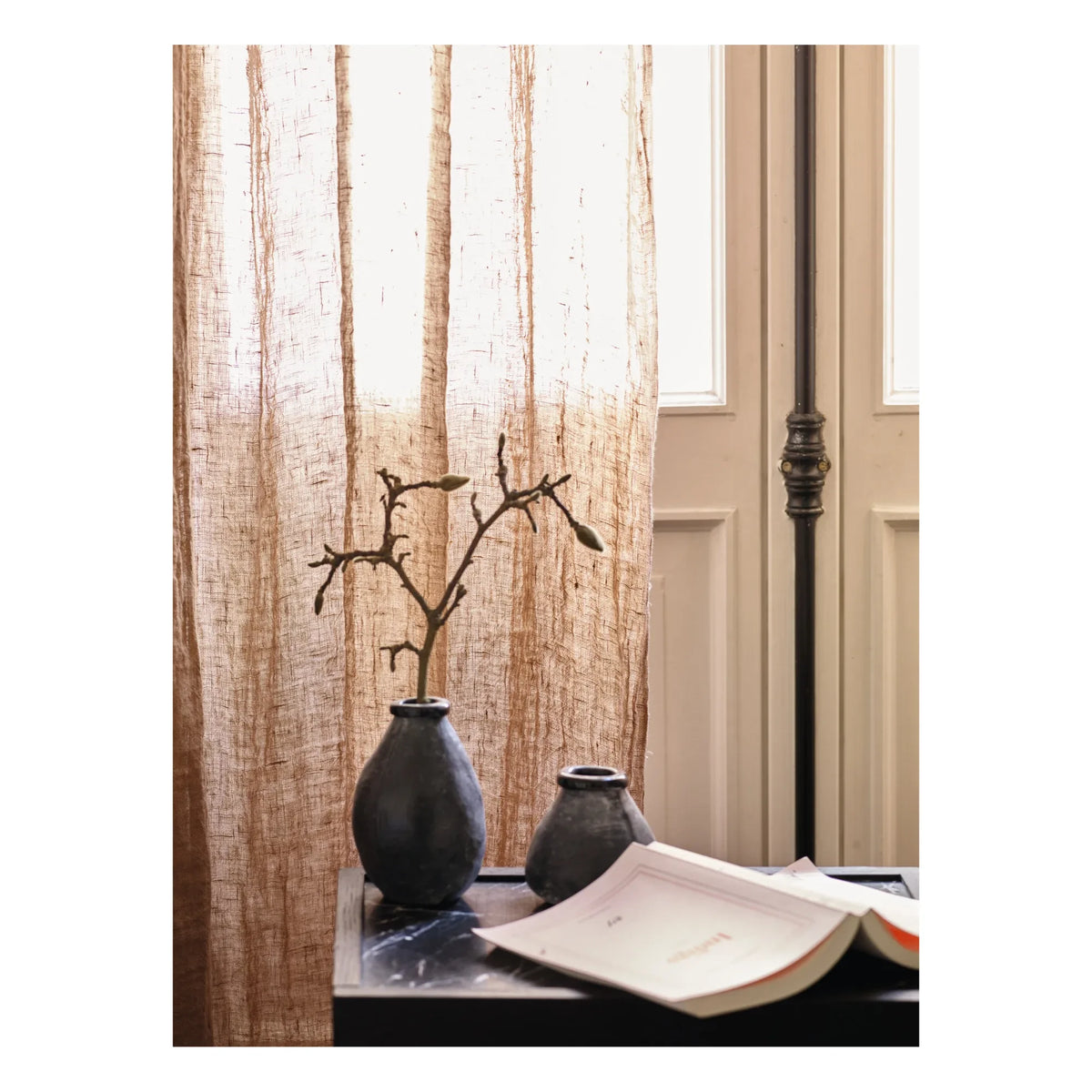 Maison de Vacances - Vice Versa Washed Linen Gingham Curtain with Tassels | White
