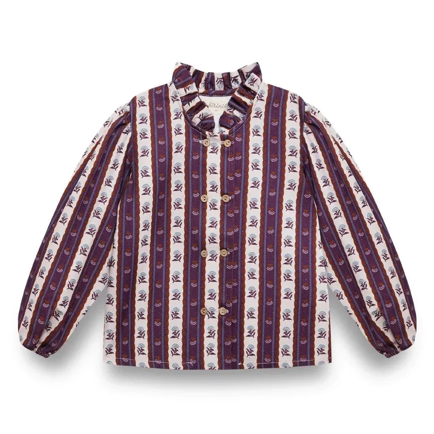 birinit - Montal Floral Pattern Striped Gathered Collar Blouse | Purple