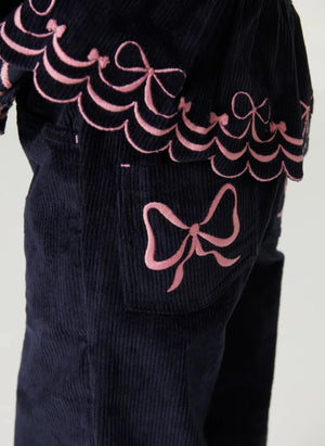 Copenhagen Colors - Ruched Embroidered Bow Detail Wide Fit Organic Cotton Ribbed Corduroy Trousers | Navy