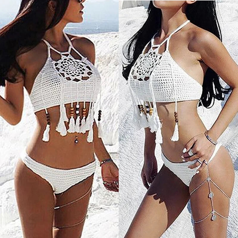 Jesminda - Knitted White Tassel Brazilian Cut Bikini Set