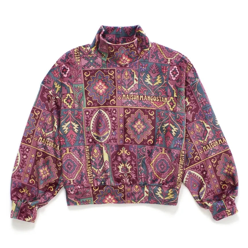 Maison Mangostan - Velvet Patchwork Mock Neck Sweatshirt | Burgundy