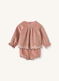 Copenhagen Colors - Embroidered Blouse and Ribbed Velvet Organic Cotton Bloomer Set | Dusty Pink