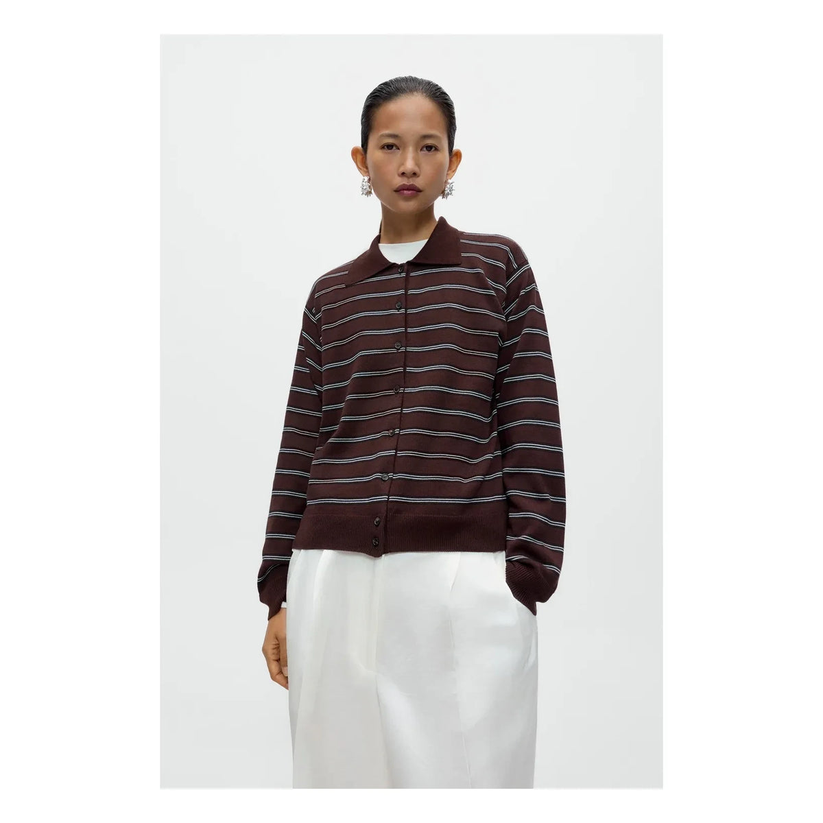 Cordera - Striped Cotton Polo Cardigan | Brown