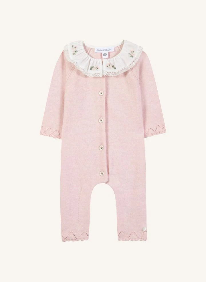 Tartine et Chocolat - Knitted romper with floral-embroidered collar | Pink