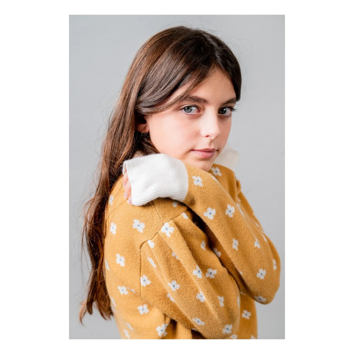 birinit - Flower Patterned Polo Neck Sweater | Mustard