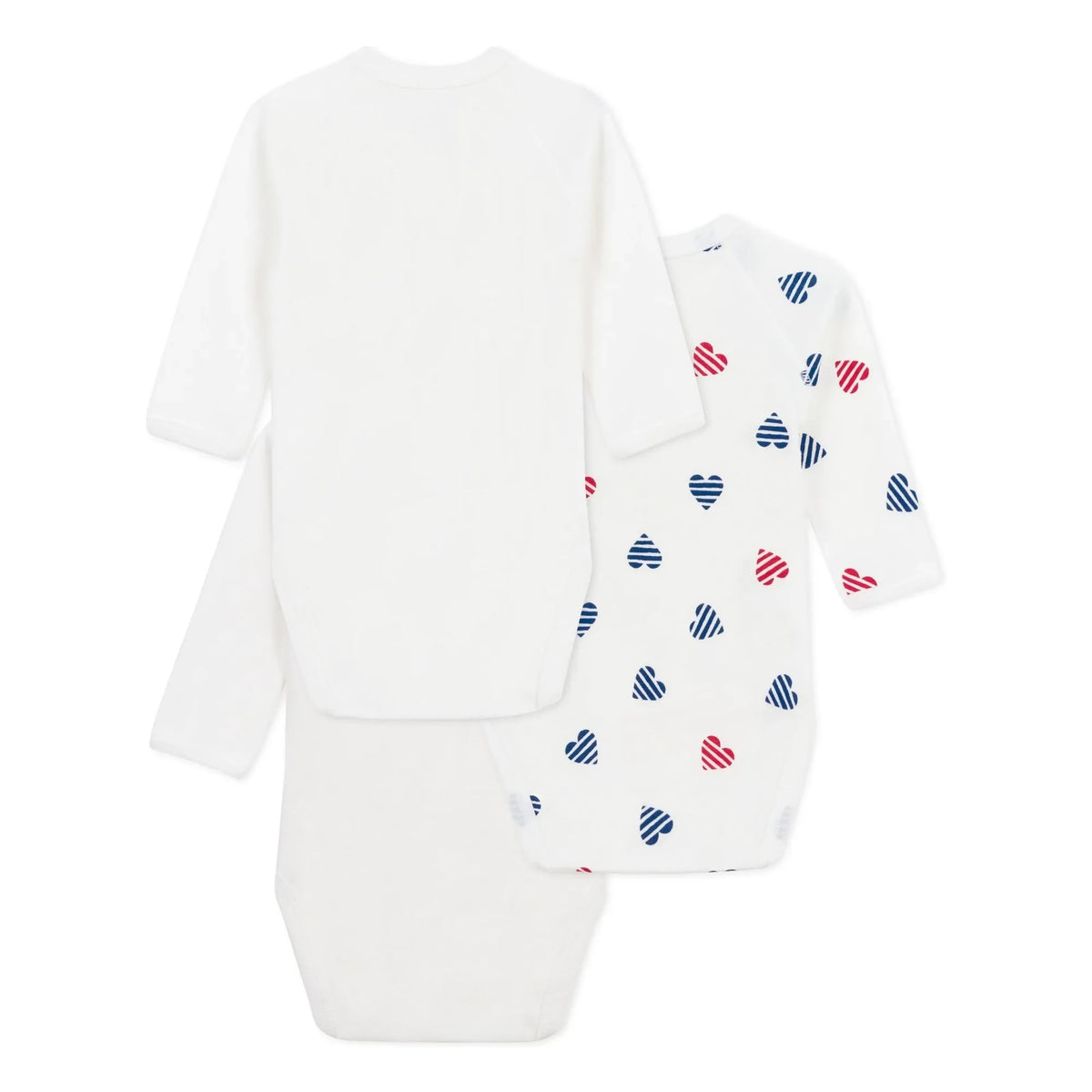 Petit Bateau - 3-Pack Striped Heart Organic Cotton Baby Bodysuit | Ecru