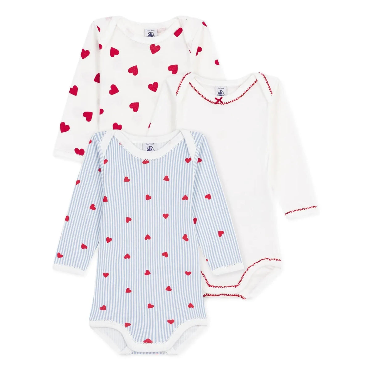 Petit Bateau - 3-Pack Snap-Crotch Tie Heart Organic Cotton | White