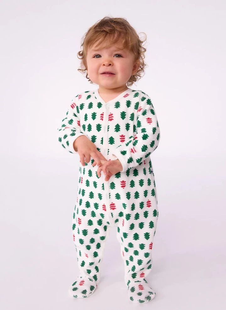 Petit Bateau - Fur Tree Footed Velvet Organic Cotton Pajamas | White