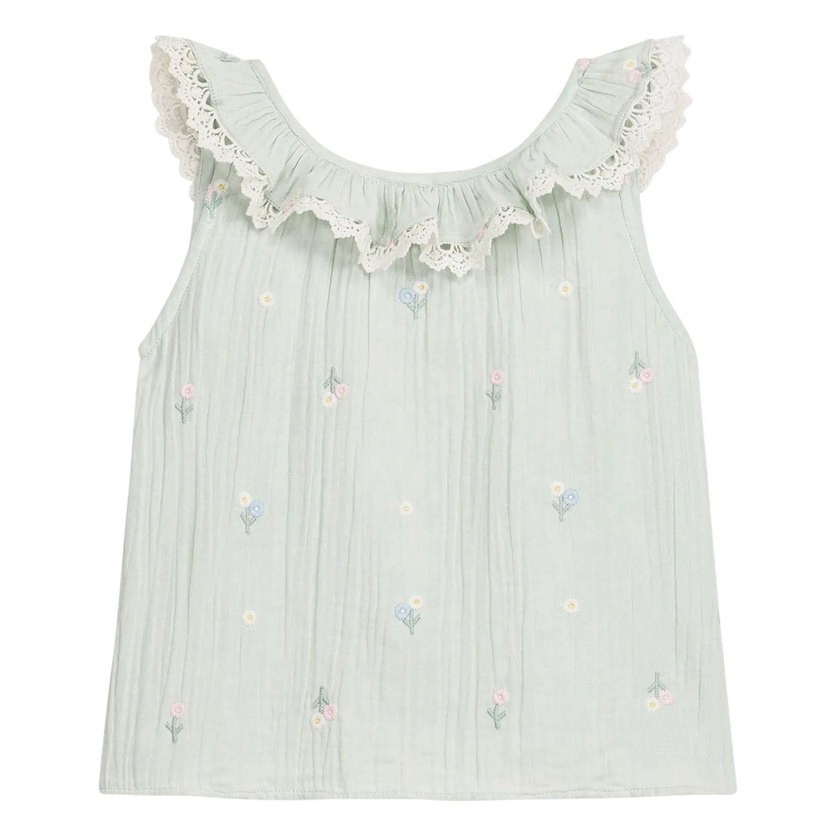 Louise Misha - Zelina Floral Pattern Organic Cotton Ruffled Top | Almond Green